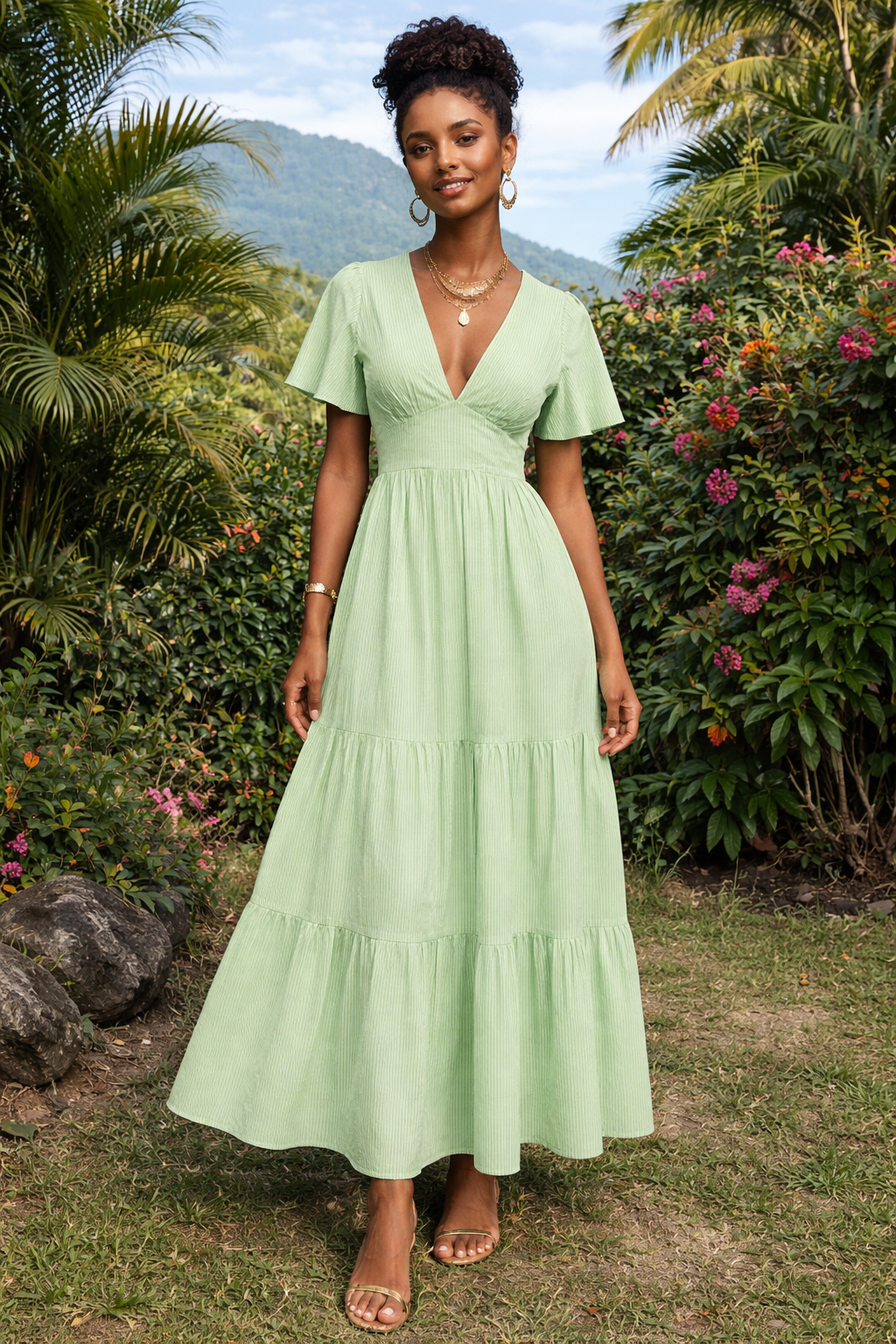 Robe SOPHIE rayée coton vert et blanc col V – Seven Shades Réunion