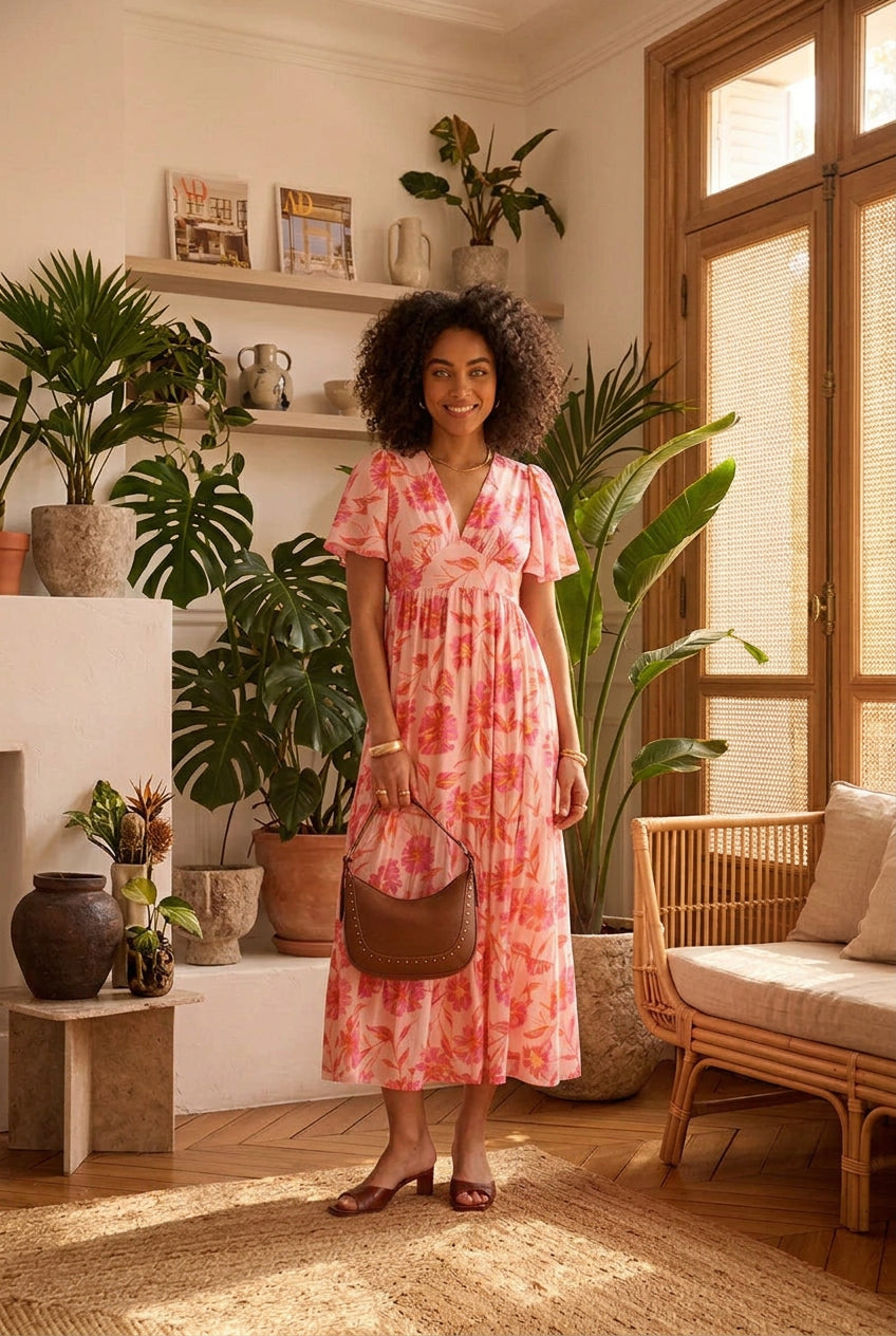 Robe longue KRISTELLA à volants fleurs rose – Seven Shades Réunion