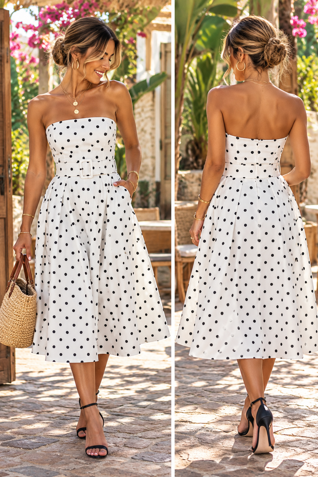 Robe bustier DELPHINE blanche à pois noirs, nœud à la taille