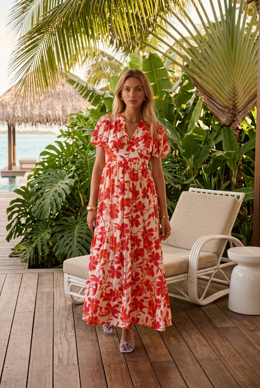 Robe longue JESSIE coton fleurs rouge & orange – Seven Shades Réunion