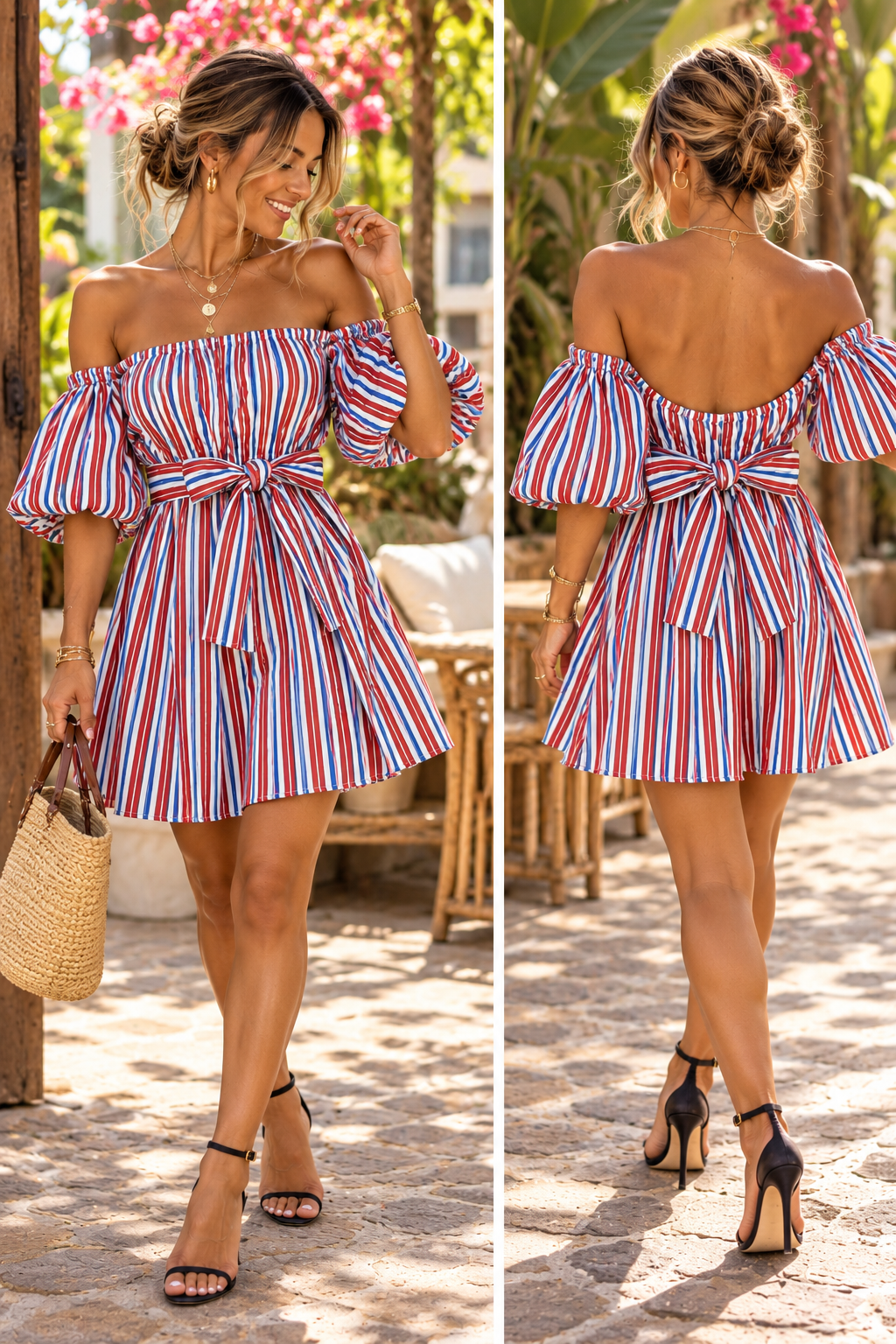 Robe courte MARGAUX à rayures rouge, bleu et blanc, col Bardot et manches bouffantes