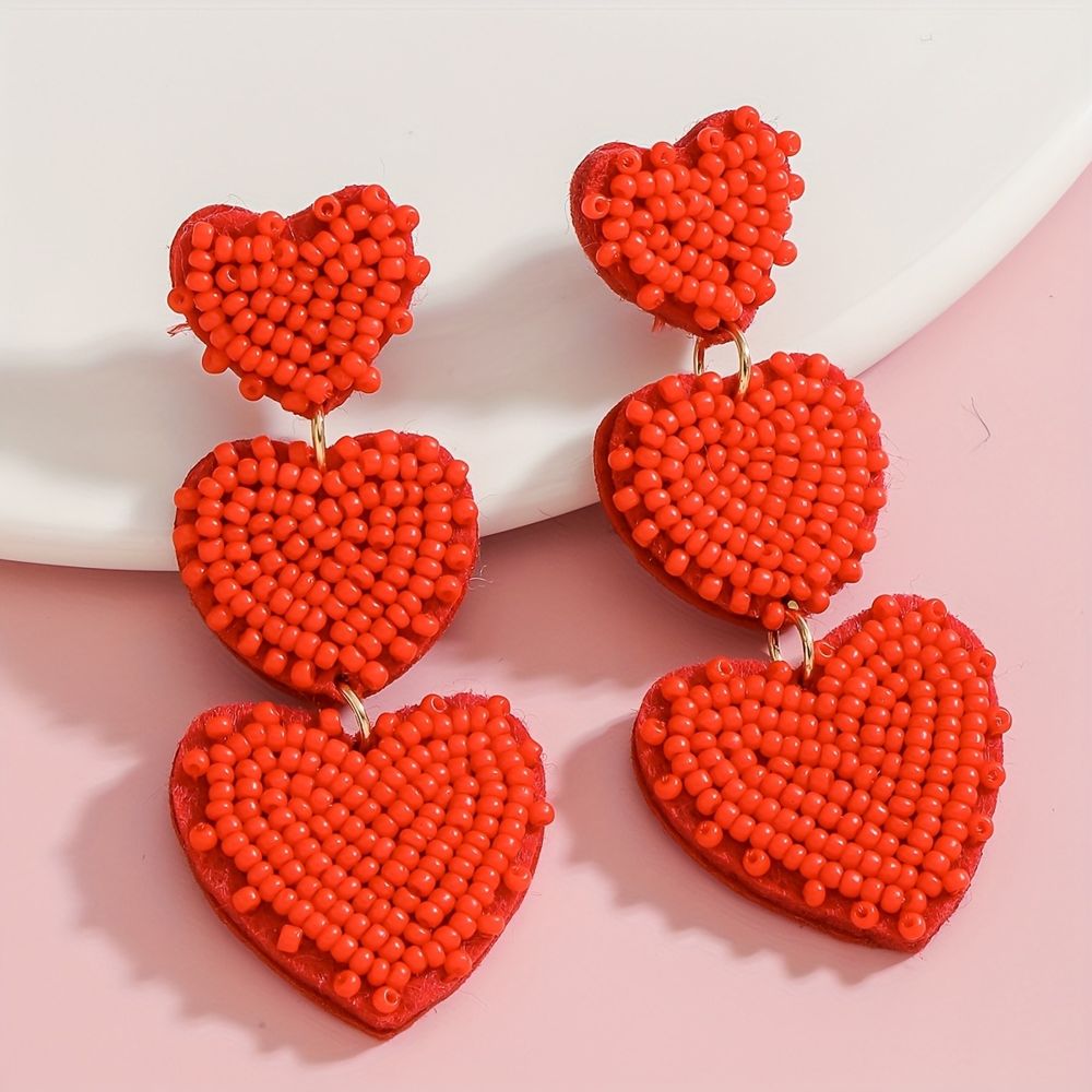 Boucles d'oreilles trois cœurs perlés rouge corail - Seven Shades Réunion