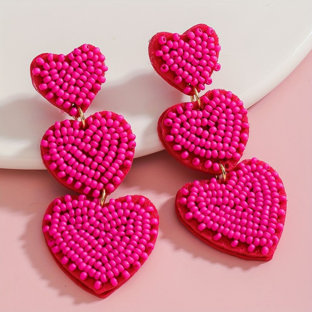 Boucles d'oreilles trois cœurs perlés fuchsia - Seven Shades Réunion